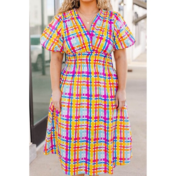 Plaid Midi Dress Colorful Stretch Smocked Waist Pink Yellow Blue NWT Sz 3X - Picture 5 of 16